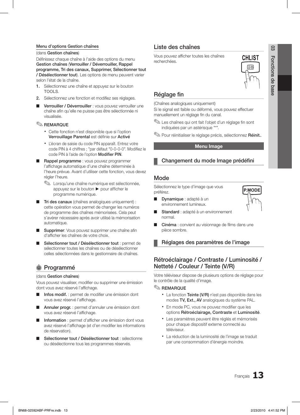 Programmé, Liste des chaînes, Réglage fin | Mode | Samsung LE32C450E1W User Manual | Page 52 / 236