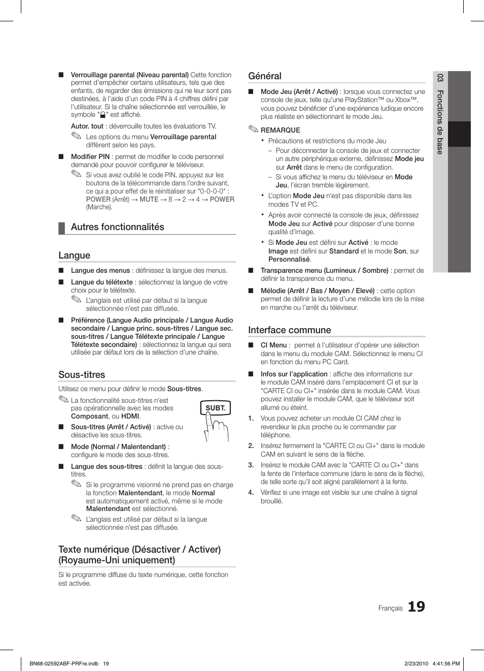 Autres fonctionnalités ¦ langue, Sous-titres, Général | Interface commune | Samsung LE32C450E1W User Manual | Page 58 / 236
