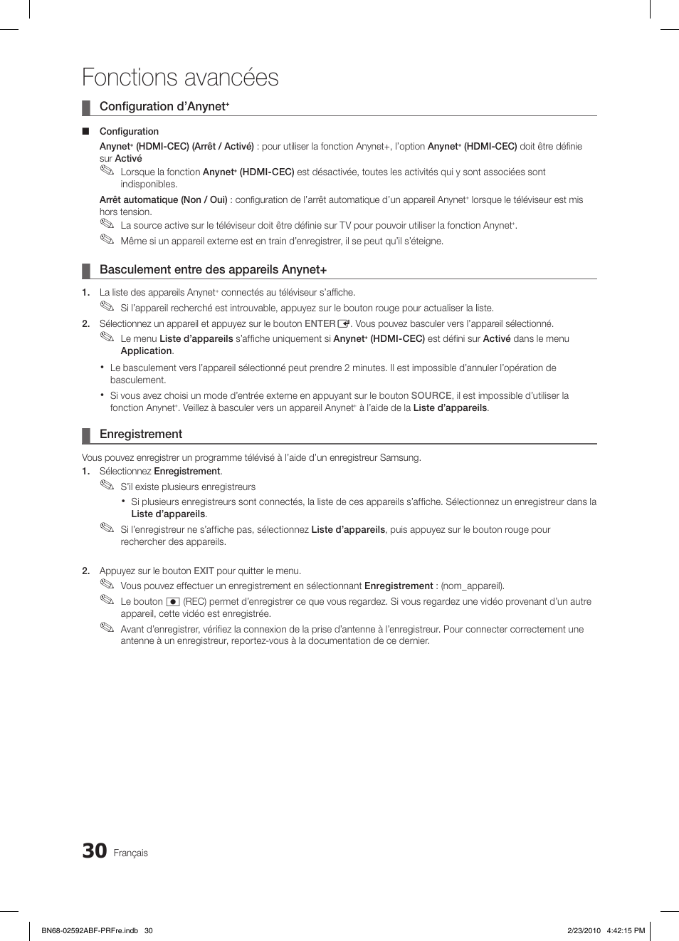 Fonctions avancées | Samsung LE32C450E1W User Manual | Page 69 / 236