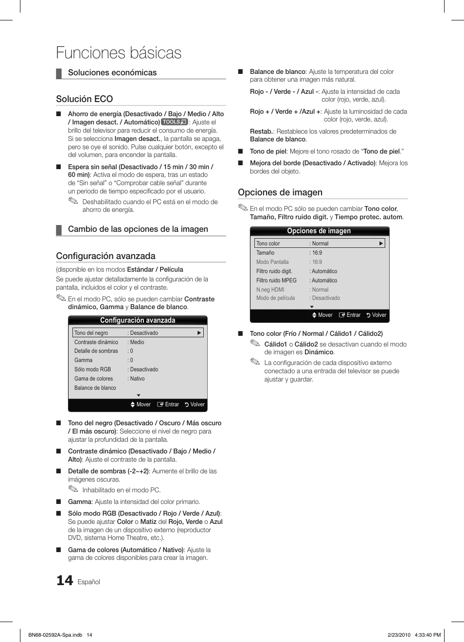 Funciones básicas, Solución eco, Configuración avanzada | Opciones de imagen | Samsung LE32C450E1W User Manual | Page 92 / 236