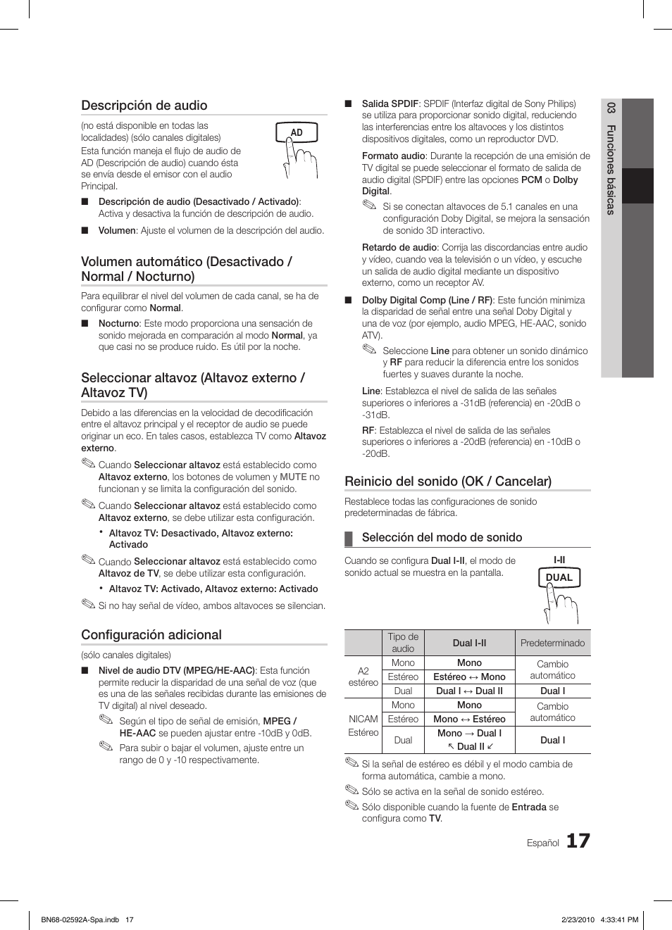 Descripción de audio, Seleccionar altavoz (altavoz externo / altavoz tv), Configuración adicional | Reinicio del sonido (ok / cancelar) | Samsung LE32C450E1W User Manual | Page 95 / 236