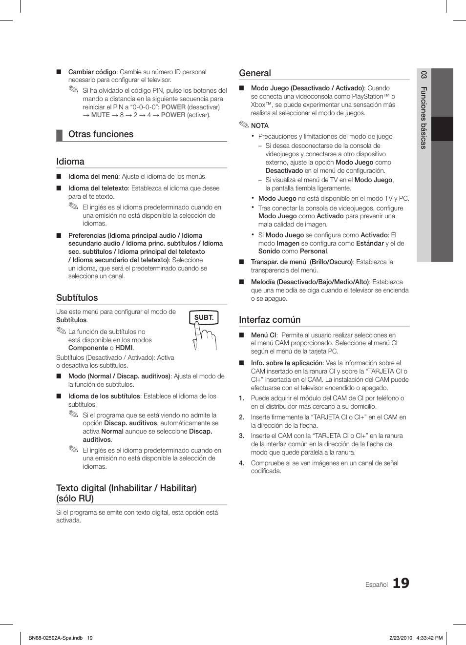 Otras funciones ¦ idioma, Subtítulos, Texto digital (inhabilitar / habilitar) (sólo ru) | General, Interfaz común | Samsung LE32C450E1W User Manual | Page 97 / 236