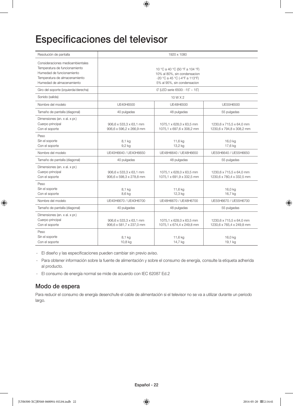 Especificaciones del televisor, Modo de espera | Samsung UE55H6500SL User Manual | Page 66 / 89