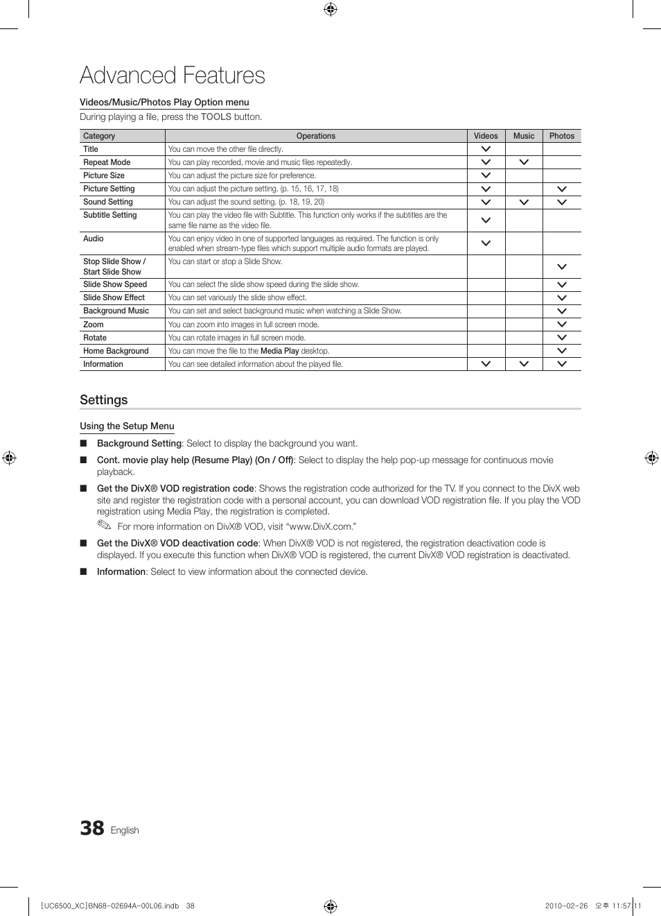 Advanced features, Settings | Samsung UE32C6500UW User Manual | Page 38 / 350