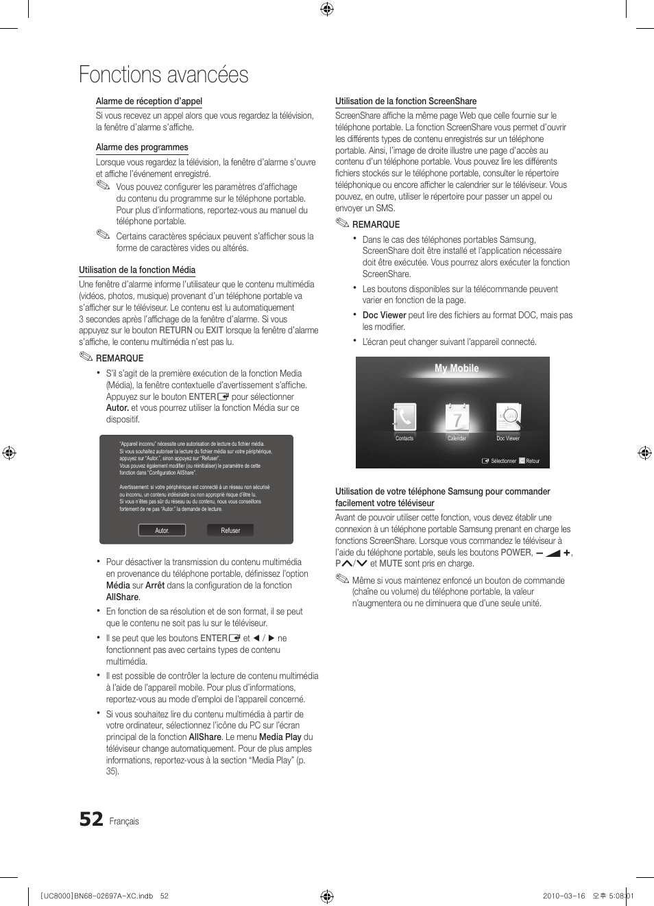 Fonctions avancées | Samsung UE40C8000XW User Manual | Page 115 / 379