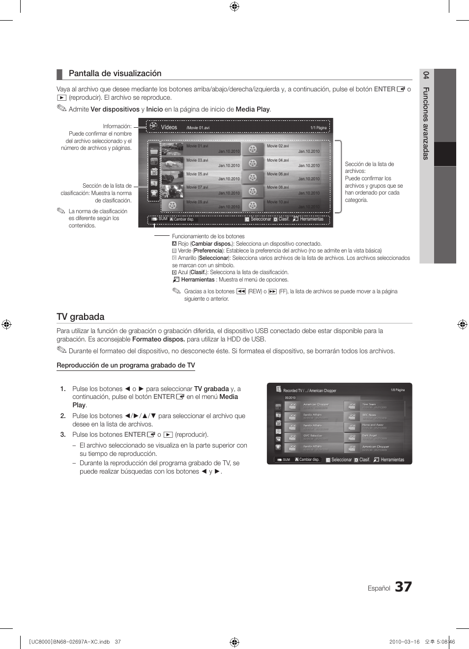 Tv grabada, Pantalla de visualización | Samsung UE40C8000XW User Manual | Page 163 / 379