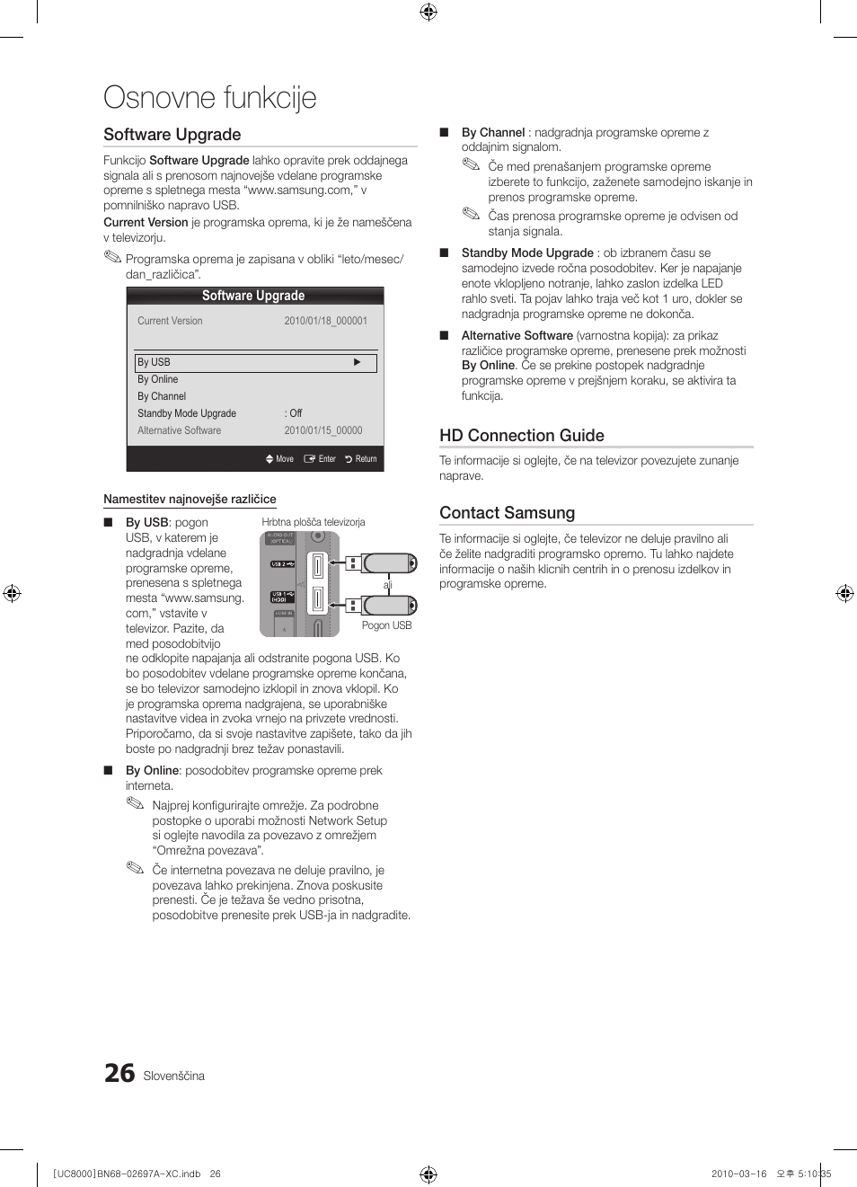 Osnovne funkcije, Software upgrade, Hd connection guide | Contact samsung | Samsung UE40C8000XW User Manual | Page 278 / 379