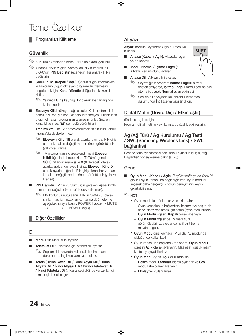 Temel özellikler | Samsung UE40C8000XW User Manual | Page 339 / 379