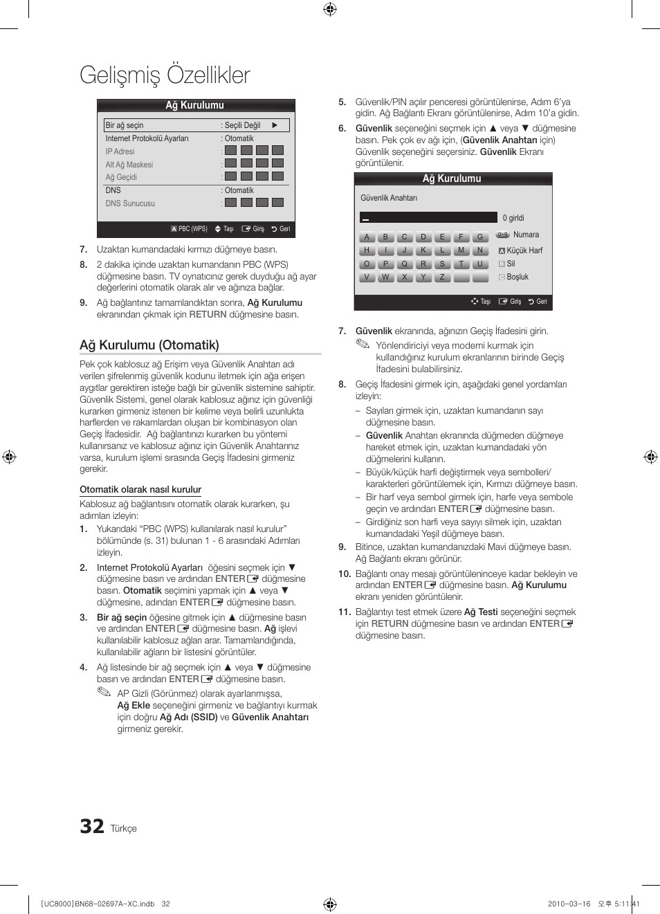 Gelişmiş özellikler, Ağ kurulumu (otomatik) | Samsung UE40C8000XW User Manual | Page 347 / 379