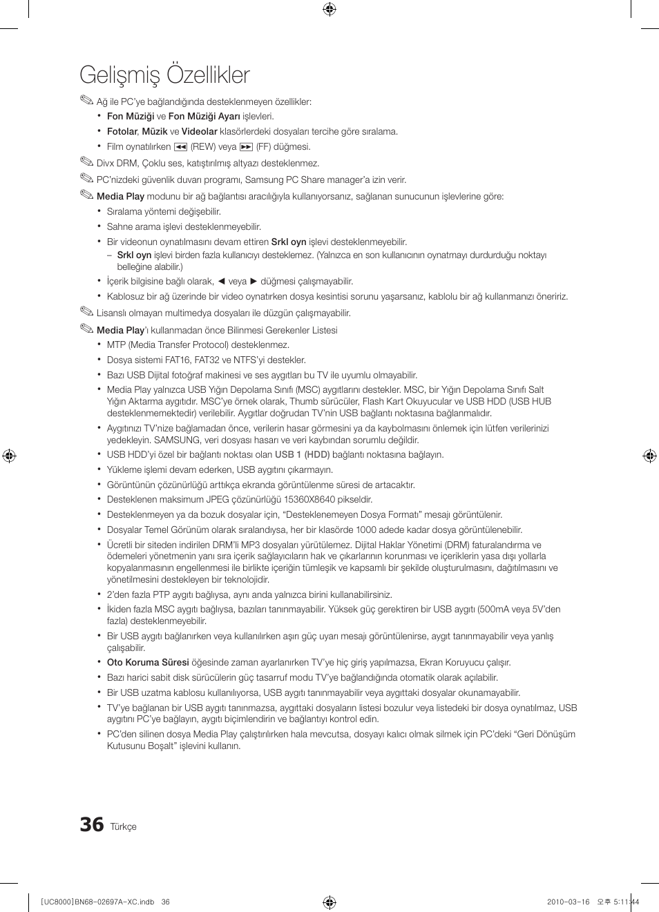 Gelişmiş özellikler | Samsung UE40C8000XW User Manual | Page 351 / 379