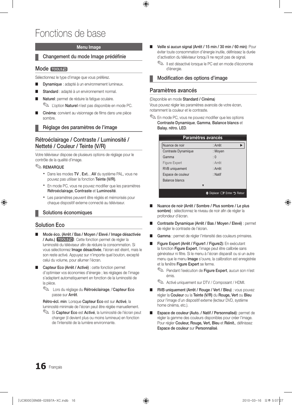 Fonctions de base, Mode, Solution eco | Paramètres avancés | Samsung UE40C8000XW User Manual | Page 79 / 379