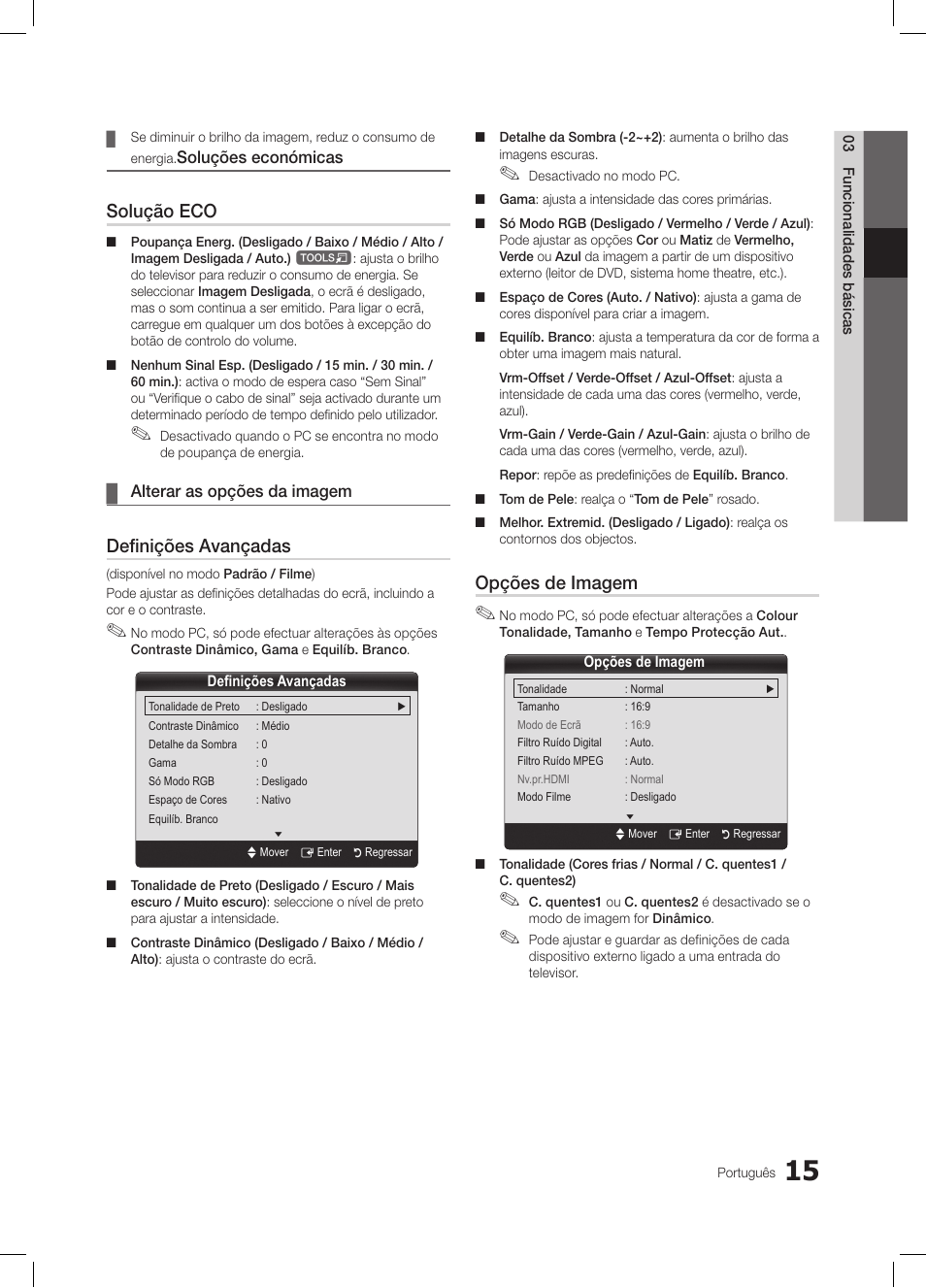 Solução eco, Definições avançadas, Opções de imagem | Samsung LE26C350D1W User Manual | Page 115 / 201