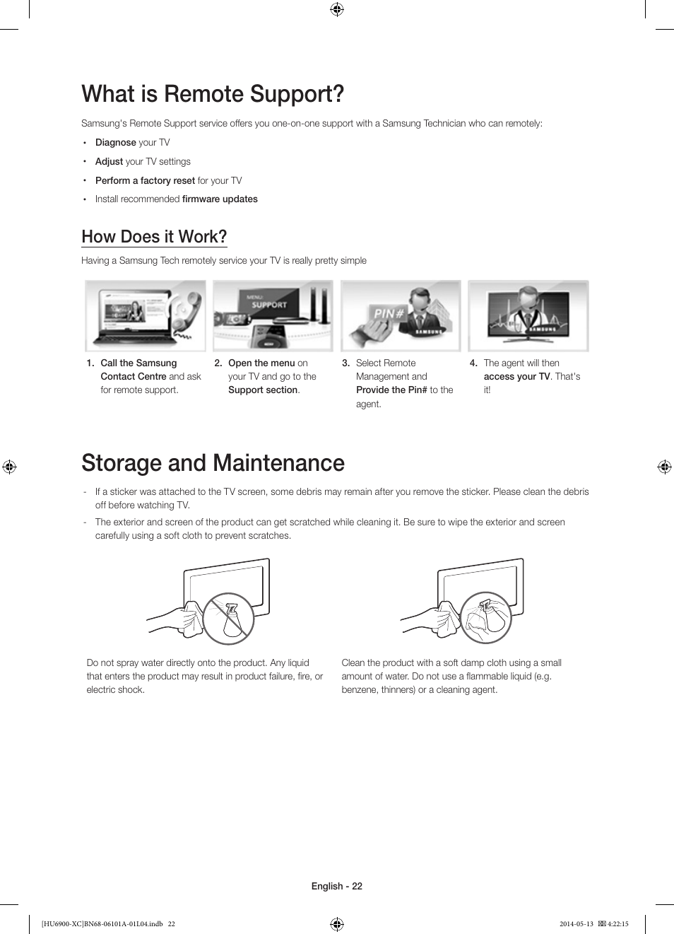 What is remote support, Storage and maintenance, How does it work | Samsung UE55HU6900S User Manual | Page 22 / 97