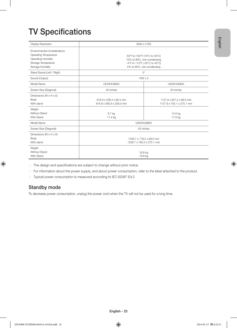 Tv specifications, Standby mode | Samsung UE55HU6900S User Manual | Page 23 / 97