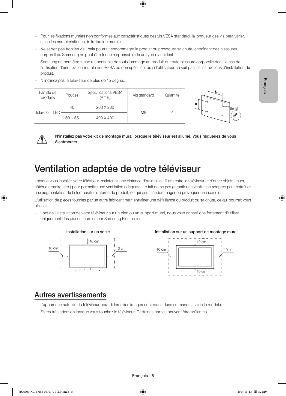 Ventilation adaptée de votre téléviseur, Autres avertissements | Samsung UE55HU6900S User Manual | Page 29 / 97