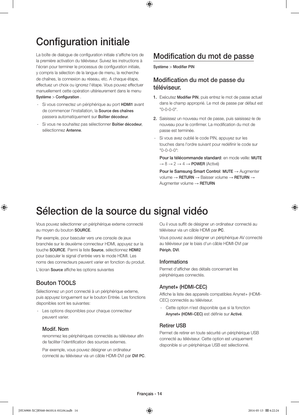 Configuration initiale, Sélection de la source du signal vidéo, Modification du mot de passe | Modification du mot de passe du téléviseur, Bouton, Tools | Samsung UE55HU6900S User Manual | Page 38 / 97