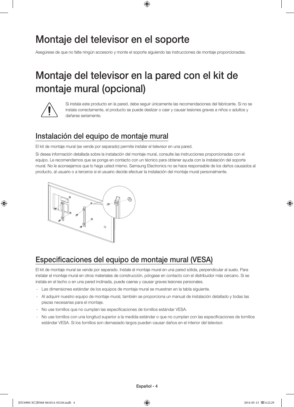 Montaje del televisor en el soporte, Instalación del equipo de montaje mural | Samsung UE55HU6900S User Manual | Page 52 / 97