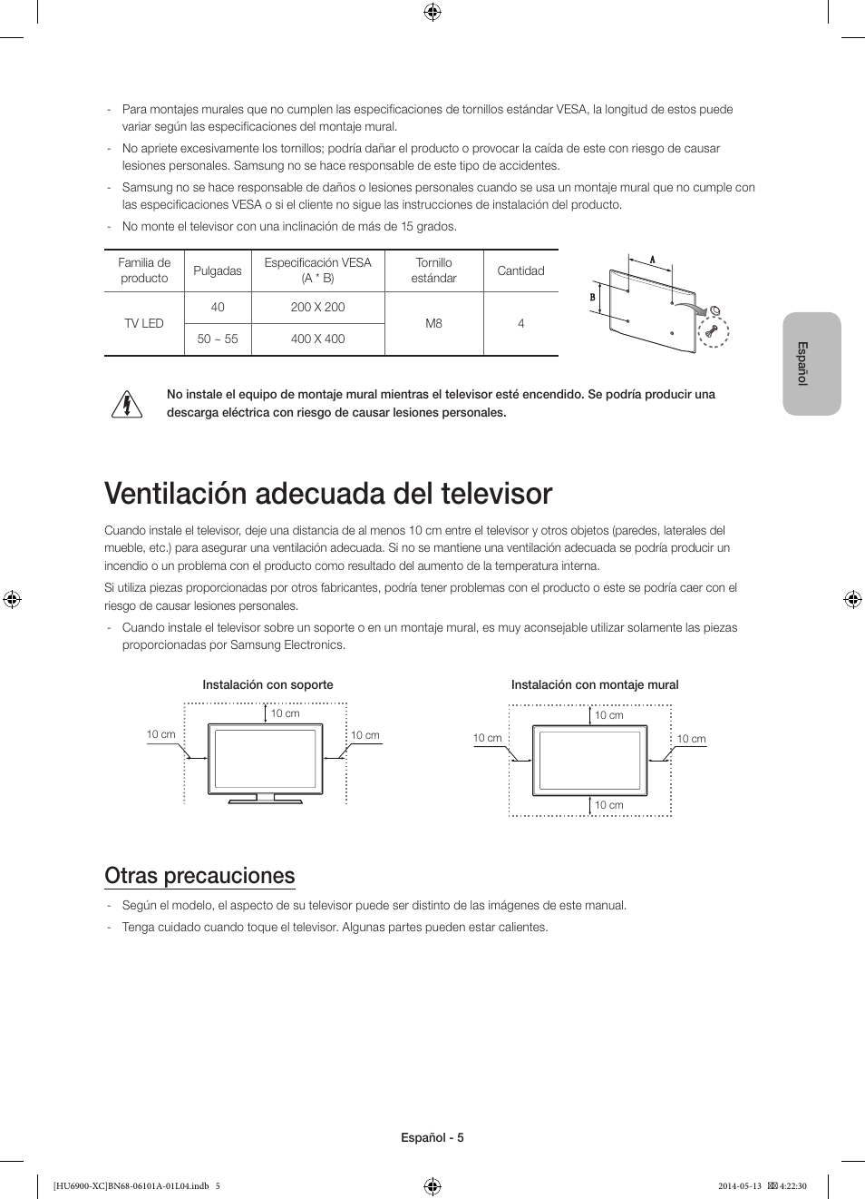 Ventilación adecuada del televisor, Otras precauciones | Samsung UE55HU6900S User Manual | Page 53 / 97