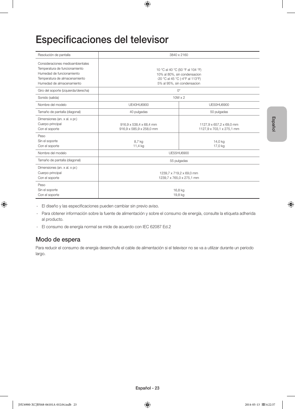 Especificaciones del televisor, Modo de espera | Samsung UE55HU6900S User Manual | Page 71 / 97