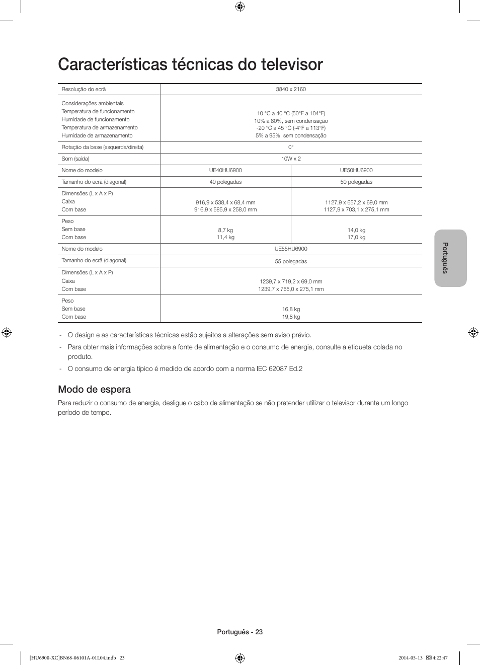 Características técnicas do televisor, Modo de espera | Samsung UE55HU6900S User Manual | Page 95 / 97
