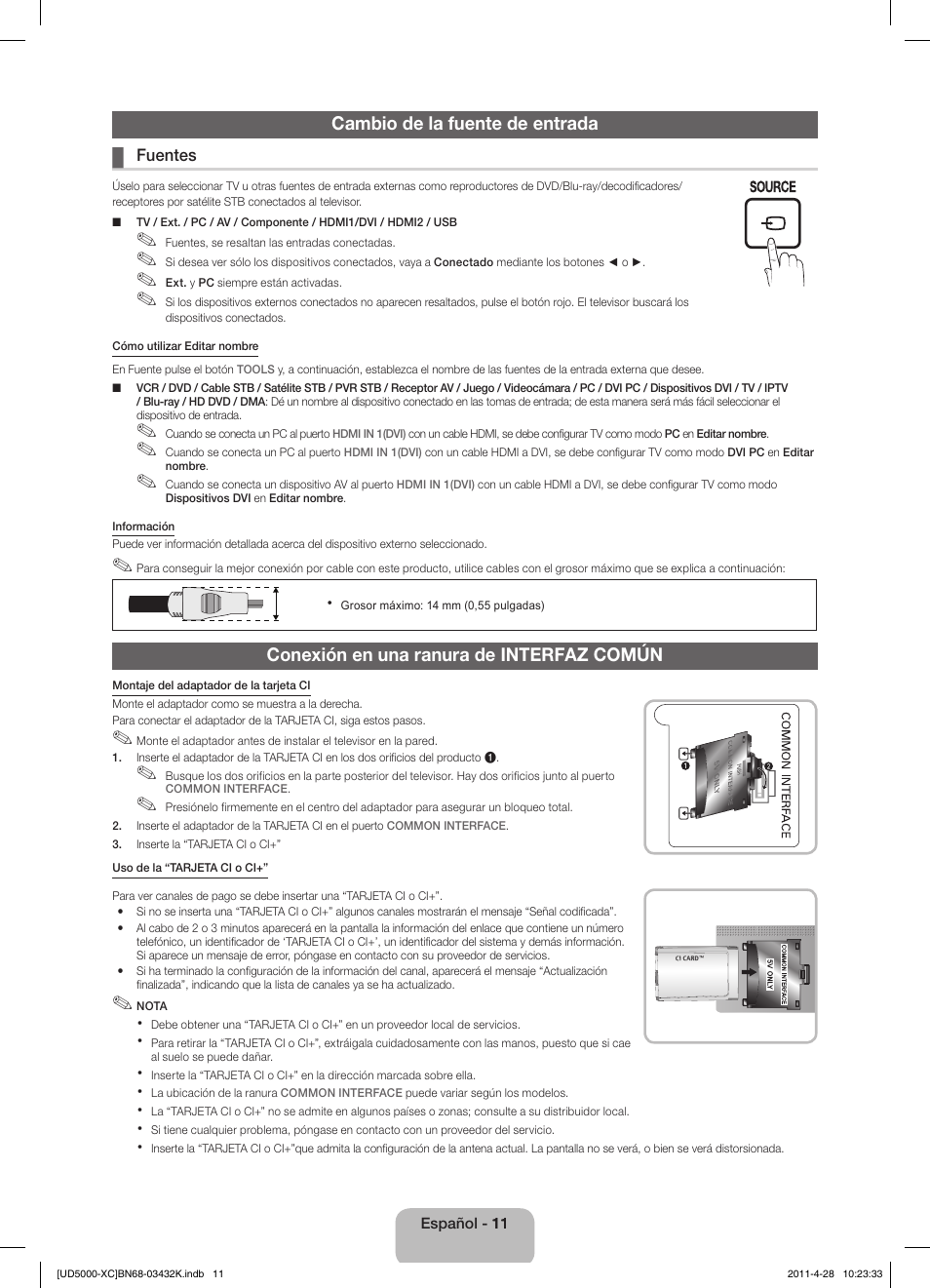 Cambio de la fuente de entrada, Conexión en una ranura de interfaz común | Samsung UE27D5010NW User Manual | Page 43 / 66