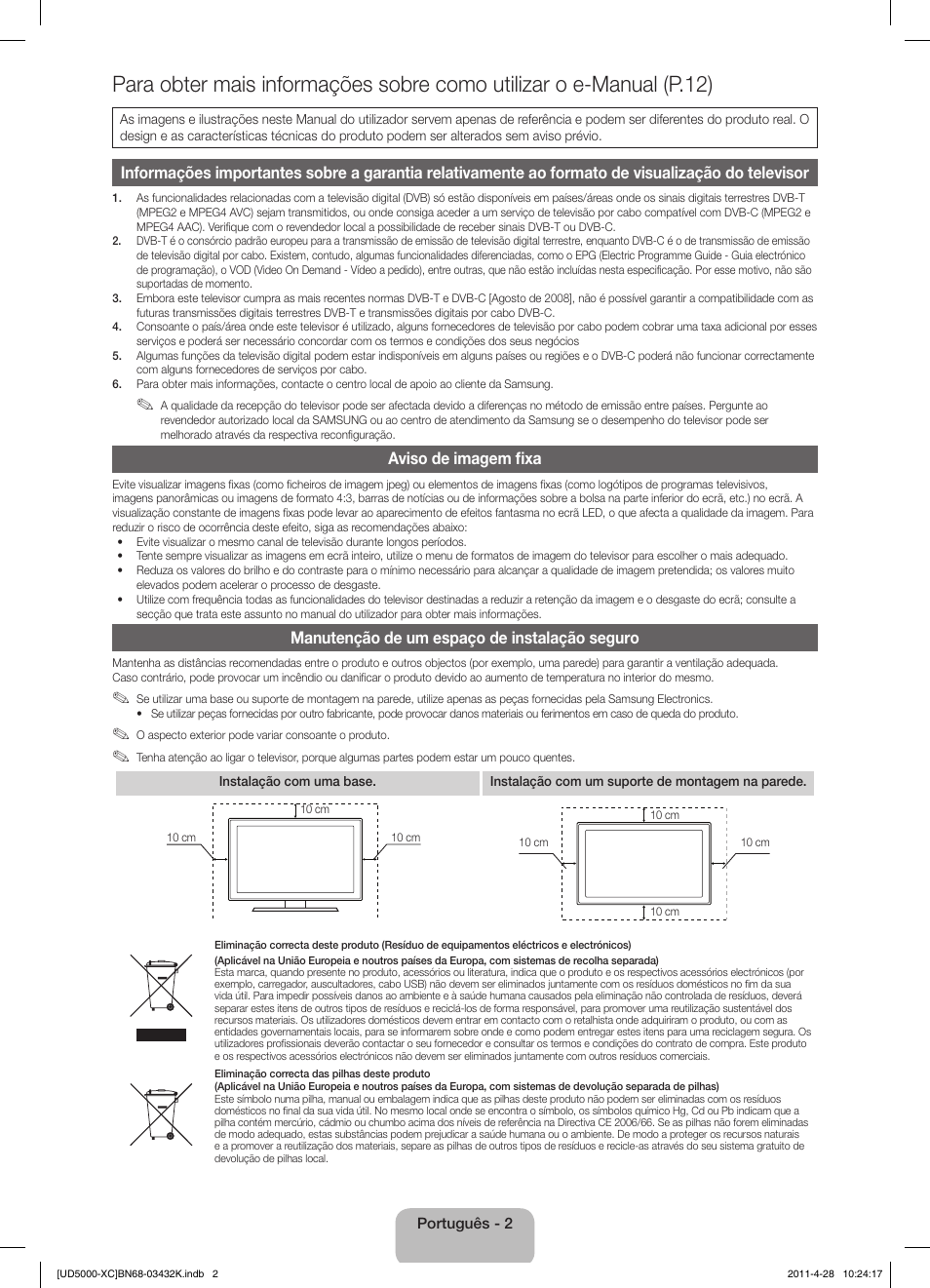 Aviso de imagem fixa, Manutenção de um espaço de instalação seguro | Samsung UE27D5010NW User Manual | Page 50 / 66