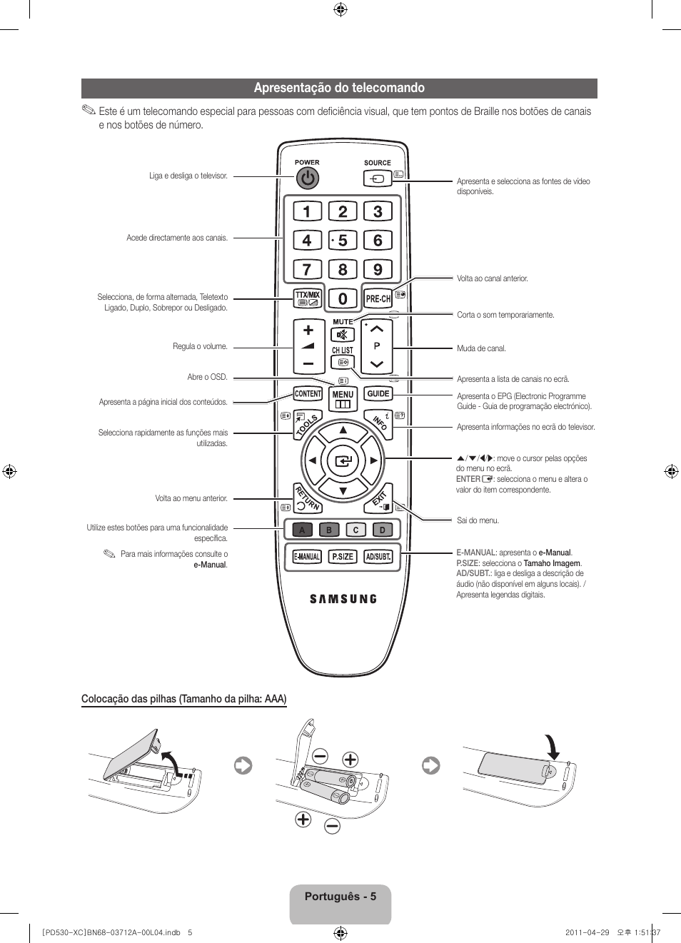 Apresentação do telecomando | Samsung PS59D530A5W User Manual | Page 53 / 66