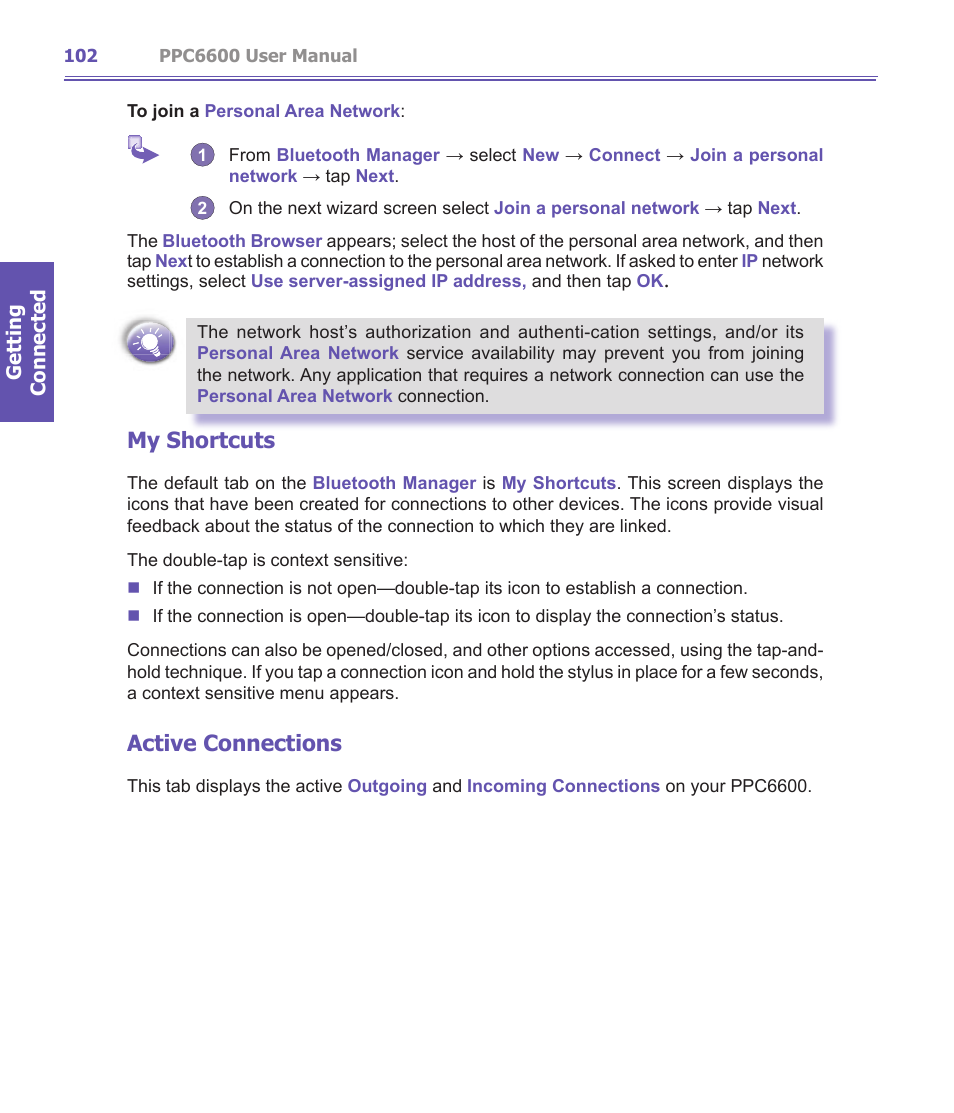 My shortcuts, Active connections | Audiovox PPC-6600 User Manual | Page 103 / 167