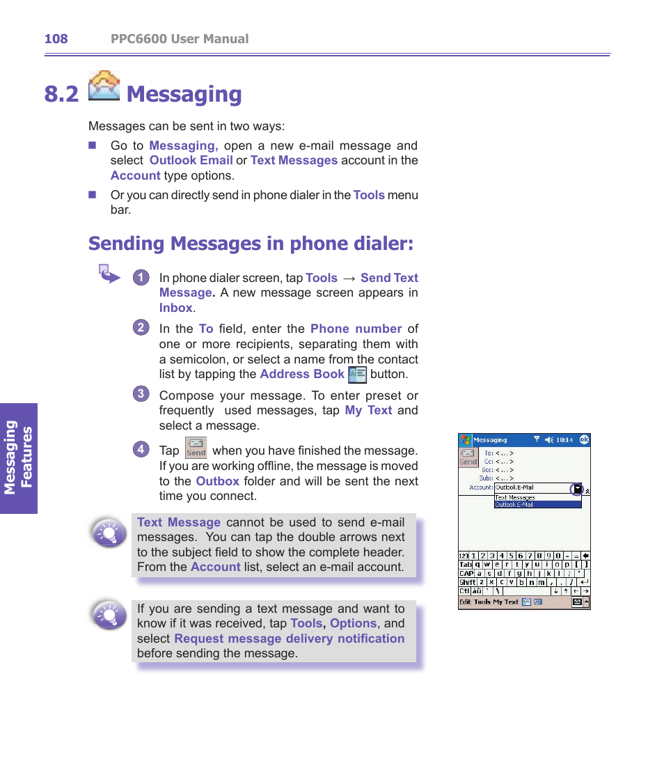 2 messaging, Sending messages in phone dialer | Audiovox PPC-6600 User Manual | Page 109 / 167