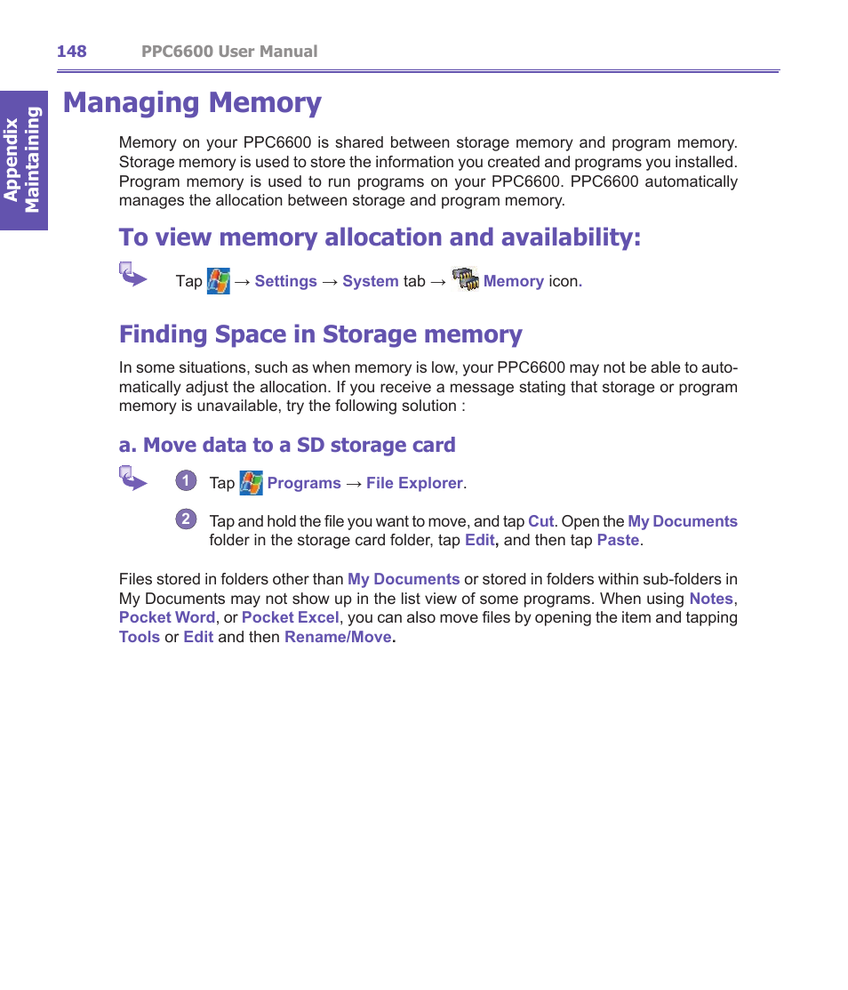 A. move data to a sd storage card | Audiovox PPC-6600 User Manual | Page 149 / 167