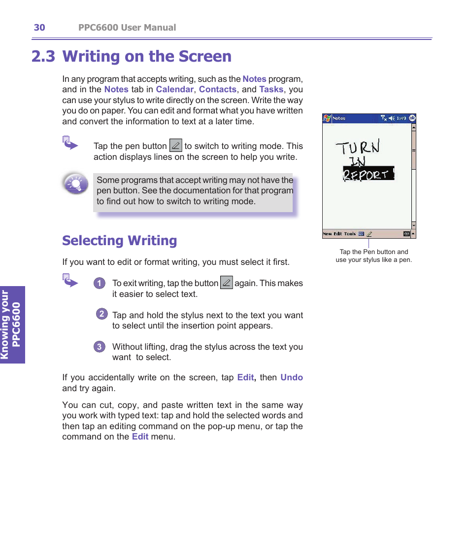 3 writing on the screen, Selecting writing | Audiovox PPC-6600 User Manual | Page 31 / 167