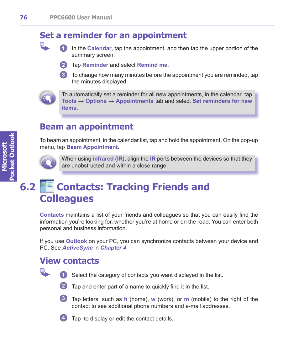 2 contacts: tracking friends and colleagues, Set a reminder for an appointment, Beam an appointment | View contacts | Audiovox PPC-6600 User Manual | Page 77 / 167