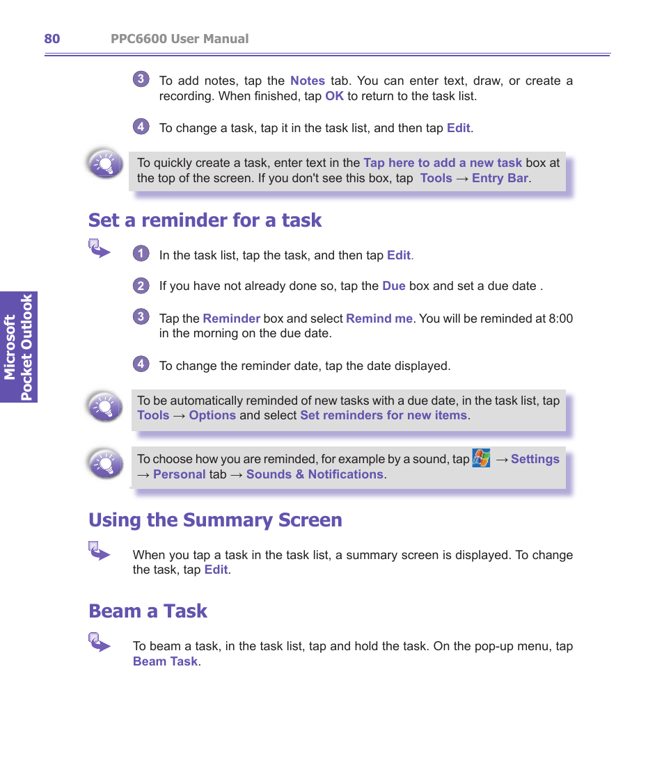 Set a reminder for a task, Using the summary screen, Beam a task | Audiovox PPC-6600 User Manual | Page 81 / 167
