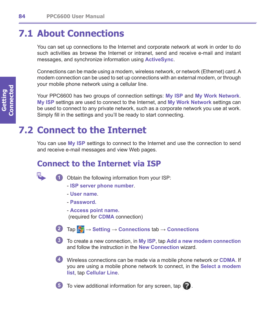 1 about connections, 2 connect to the internet, Connect to the internet via isp | Audiovox PPC-6600 User Manual | Page 85 / 167