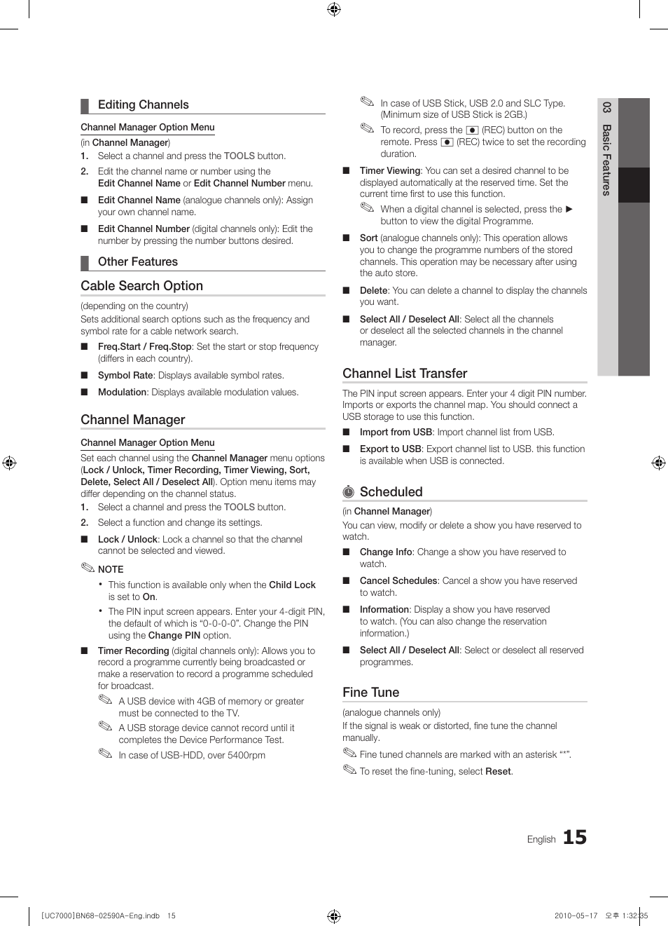 Cable search option, Channel manager, Channel list transfer | Scheduled, Fine tune | Samsung UE40C7000WW User Manual | Page 15 / 374