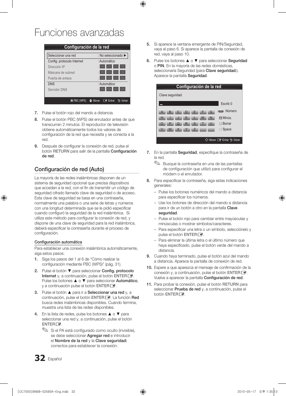 Funciones avanzadas, Configuración de red (auto) | Samsung UE40C7000WW User Manual | Page 156 / 374