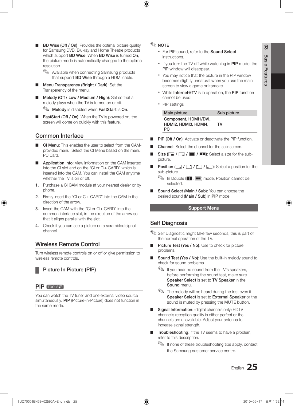 Common interface, Wireless remote control, Self diagnosis | Samsung UE40C7000WW User Manual | Page 25 / 374