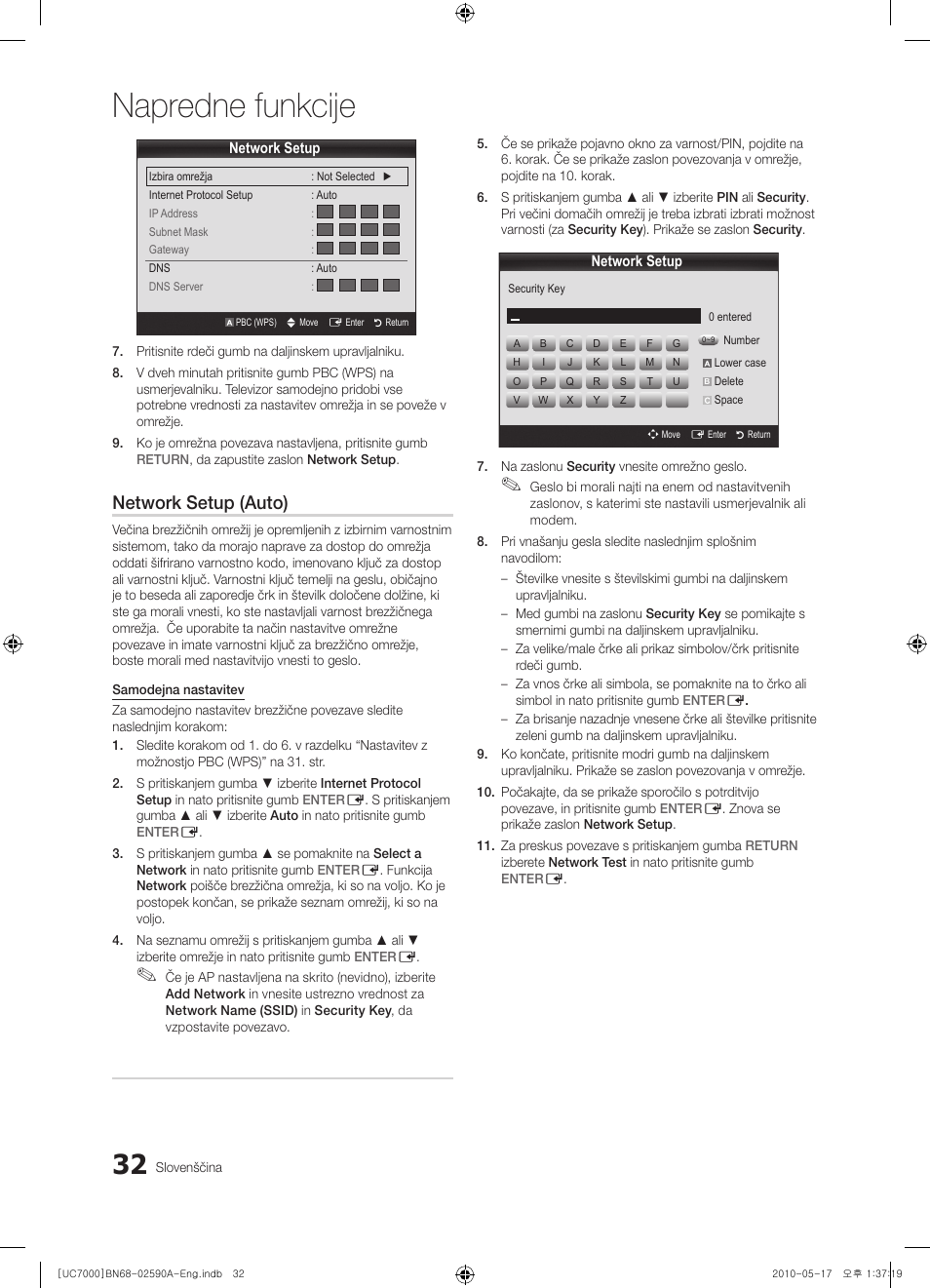 Napredne funkcije, Network setup (auto) | Samsung UE40C7000WW User Manual | Page 280 / 374