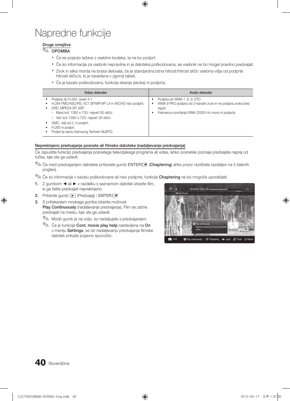 Napredne funkcije | Samsung UE40C7000WW User Manual | Page 288 / 374