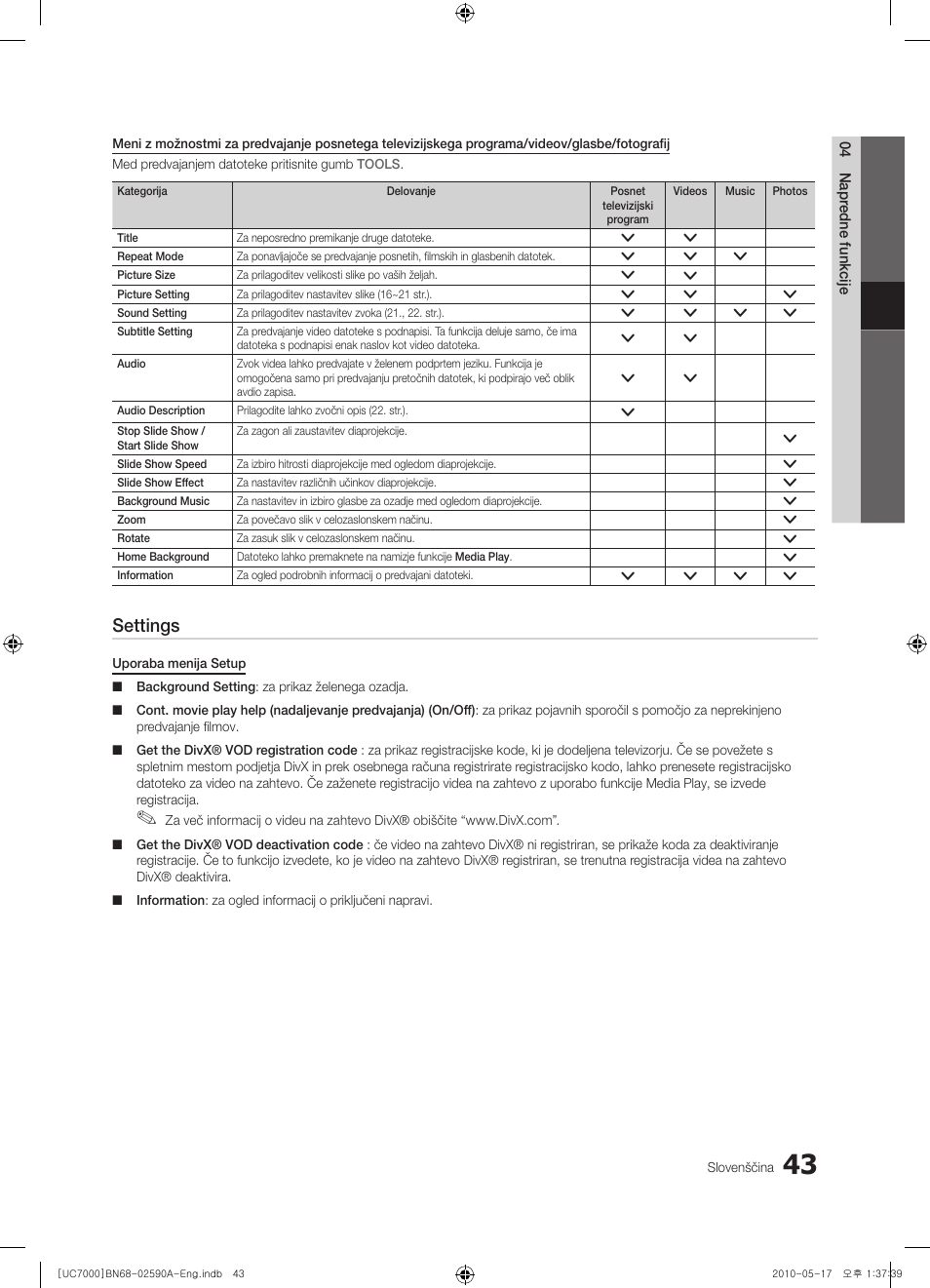Settings | Samsung UE40C7000WW User Manual | Page 291 / 374