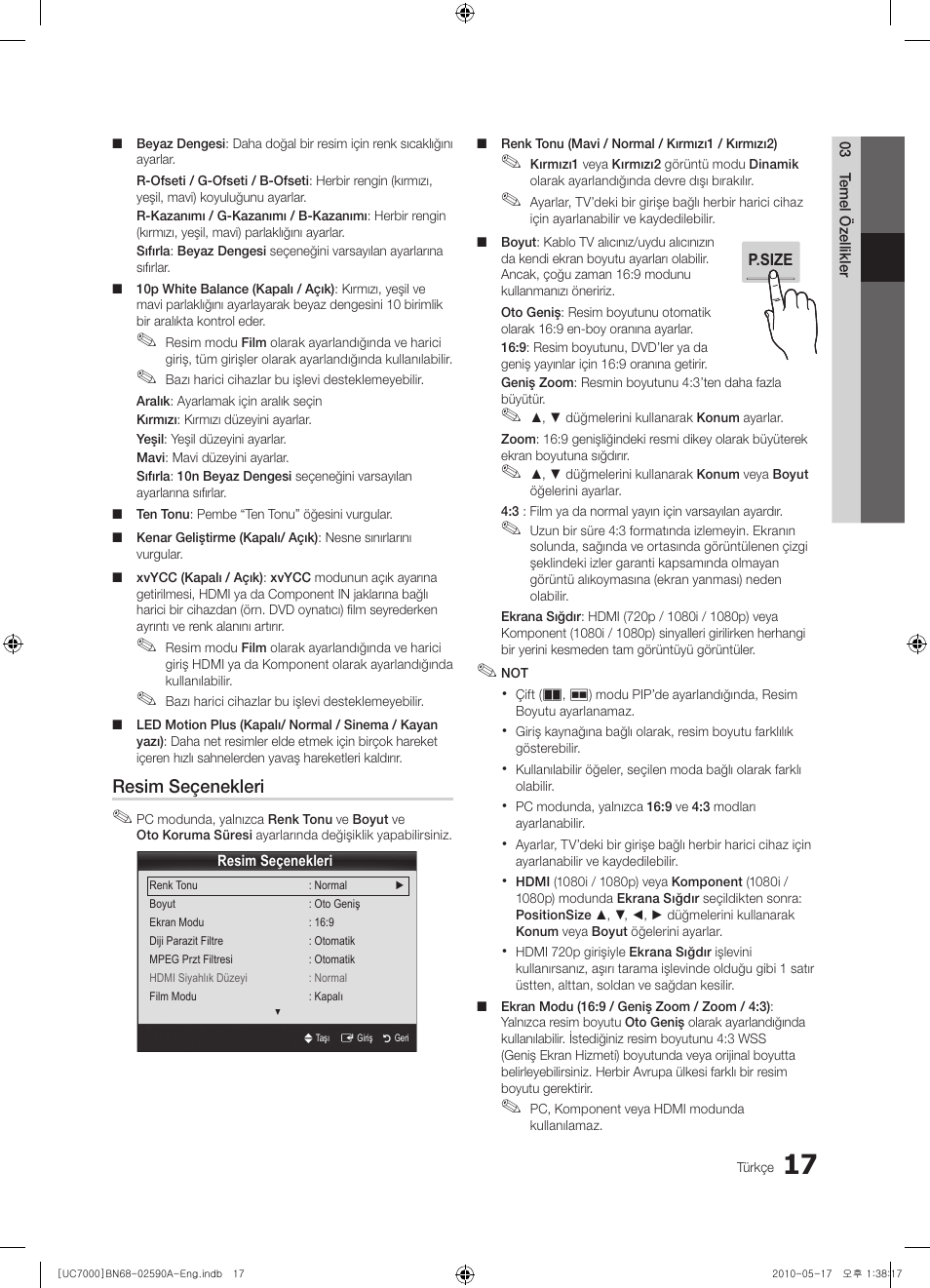 Resim seçenekleri | Samsung UE40C7000WW User Manual | Page 327 / 374