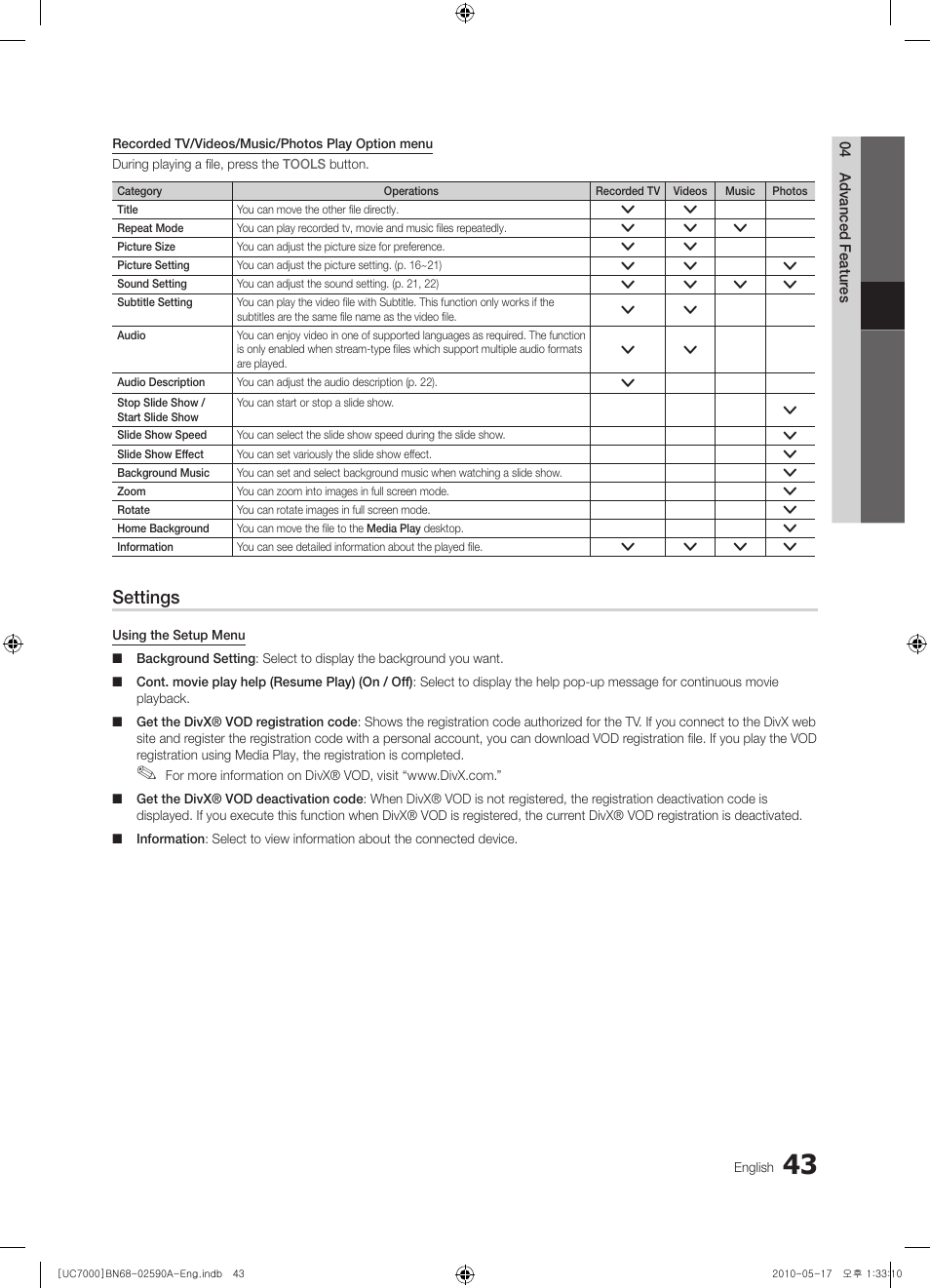 Settings | Samsung UE40C7000WW User Manual | Page 43 / 374
