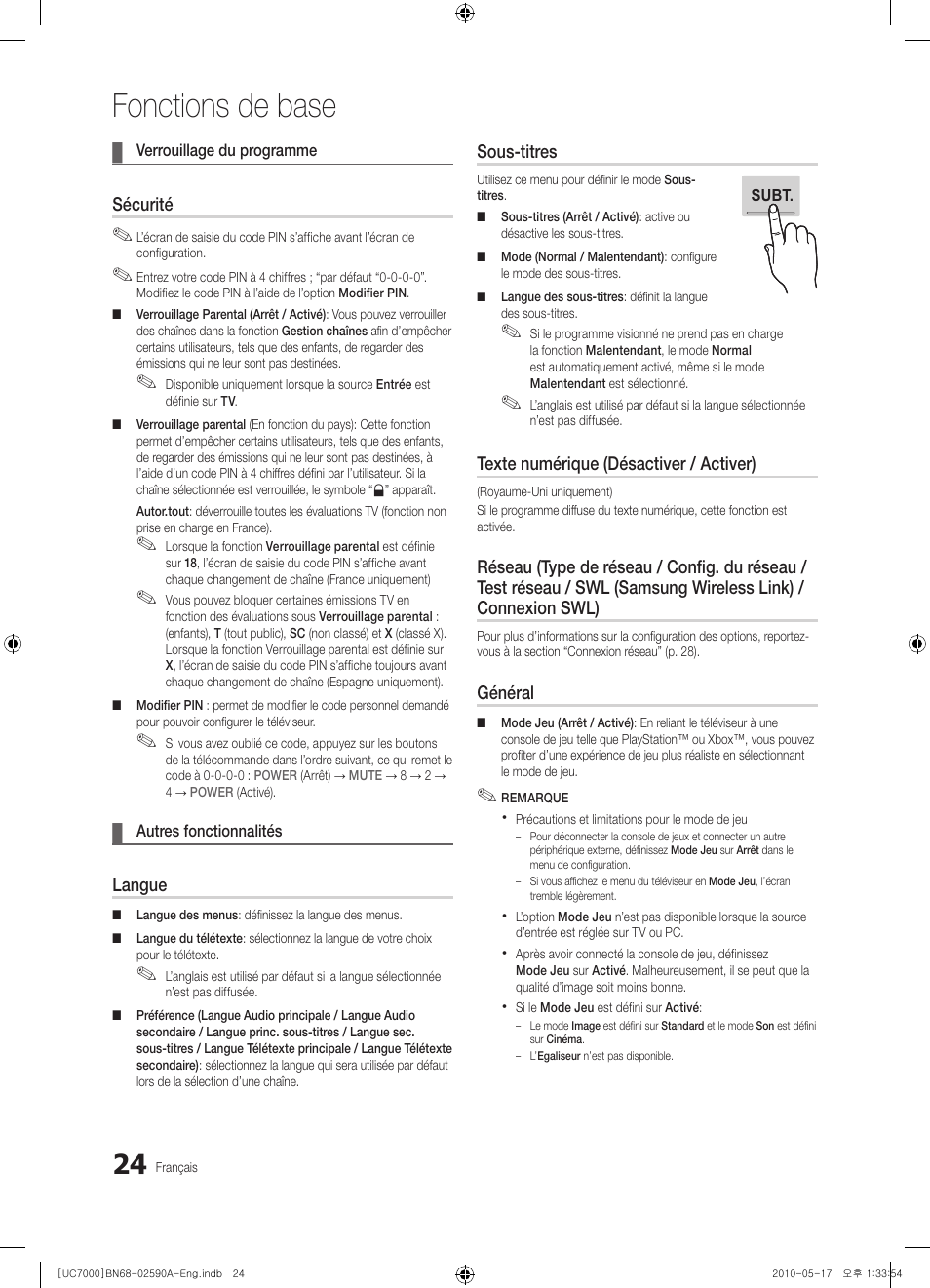 Fonctions de base | Samsung UE40C7000WW User Manual | Page 86 / 374