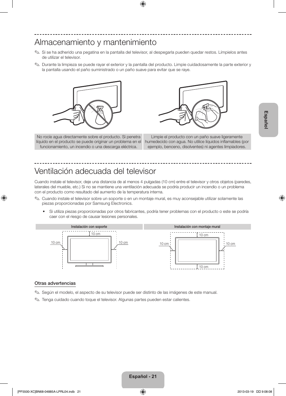 Almacenamiento y mantenimiento, Ventilación adecuada del televisor | Samsung PS51F5500AW User Manual | Page 69 / 97
