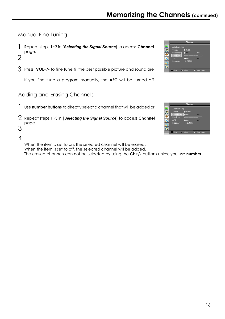 Manual fine tuning, Adding and erasing channels, Continued) 16 | Audiovox FPE1506 User Manual | Page 18 / 33