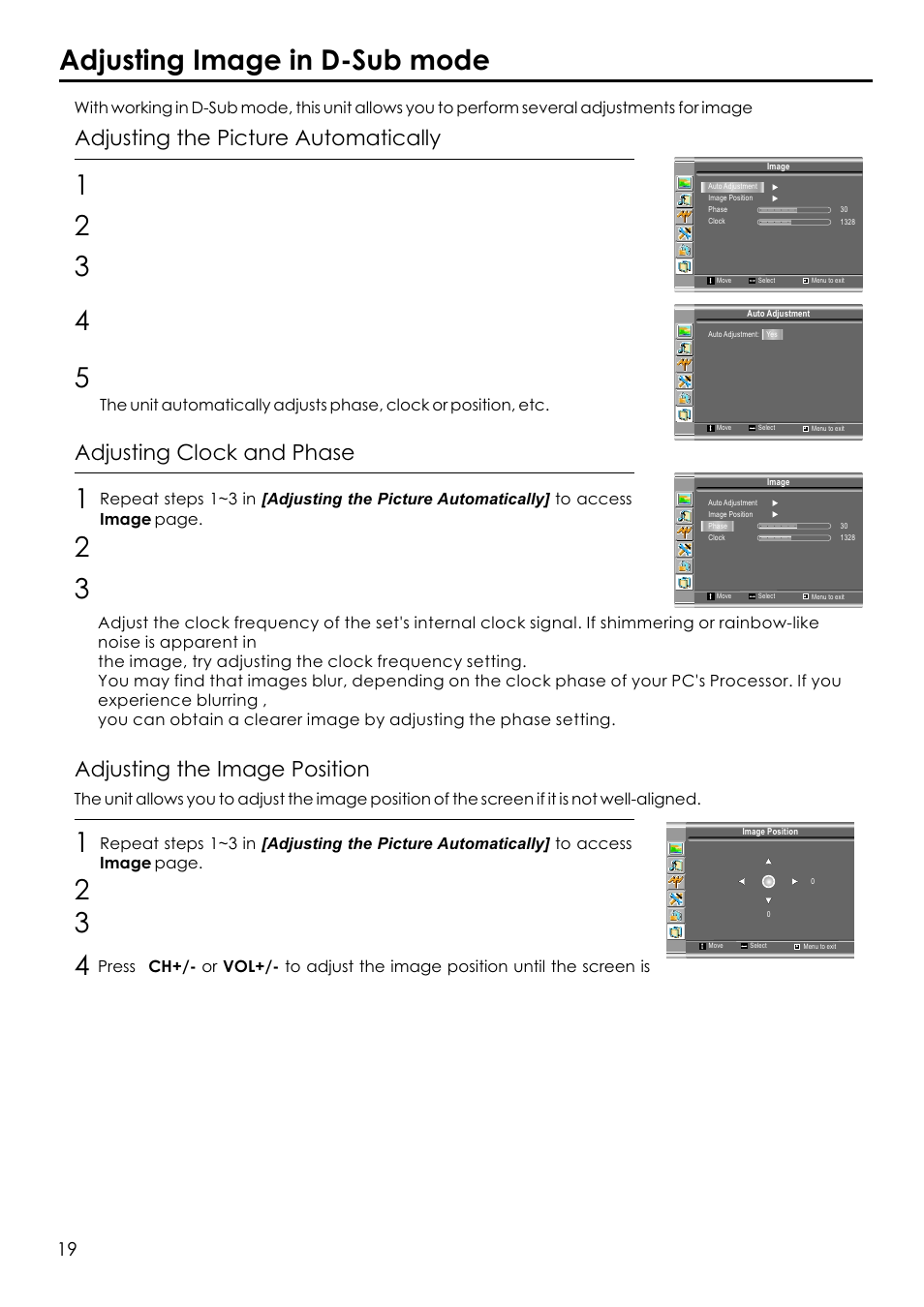 Adjusting image in d-sub mode 1 2 3 5, Adjusting the image position, Adjusting clock and phase | Adjusting the picture automatically | Audiovox FPE1506 User Manual | Page 21 / 33