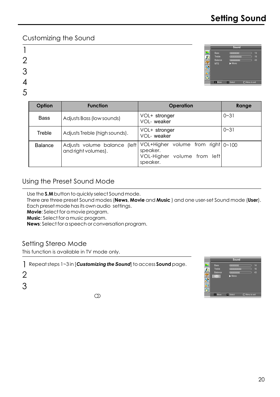 Setting sound, Customizing the sound using the preset sound mode, Setting stereo mode | Audiovox FPE1506 User Manual | Page 22 / 33