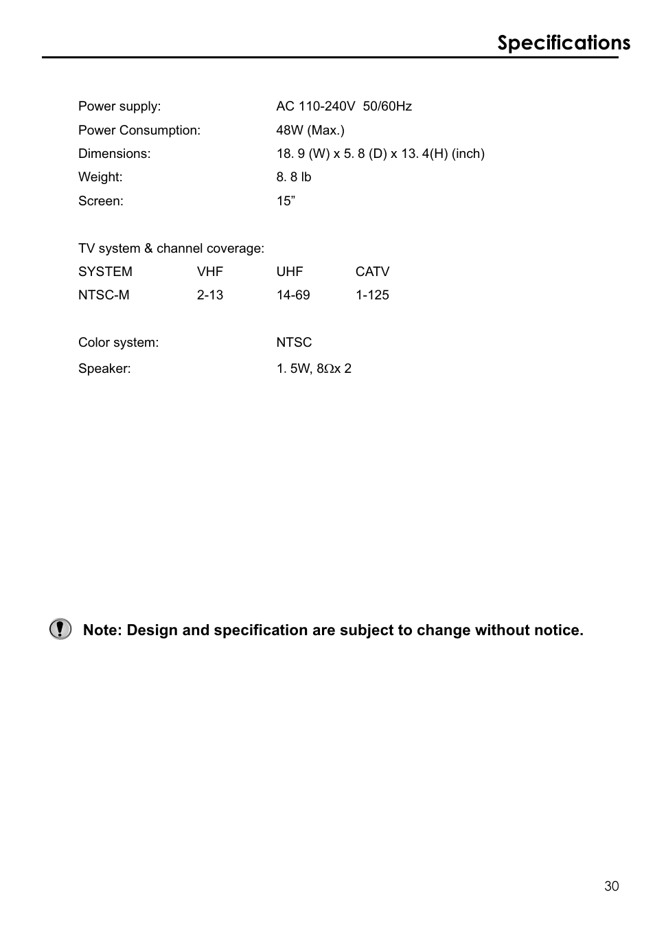 Specifications | Audiovox FPE1506 User Manual | Page 32 / 33