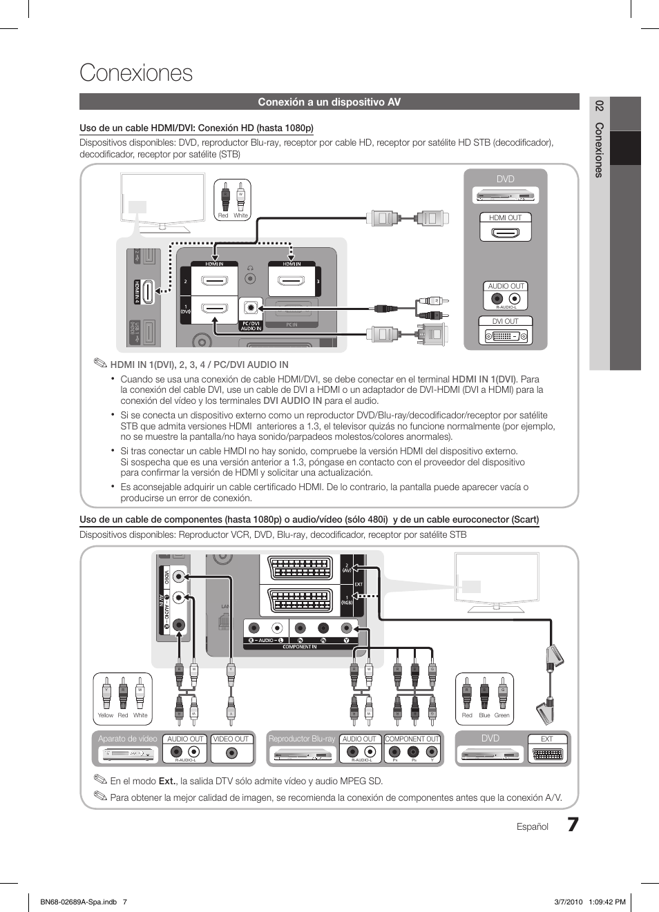 Conexiones, 02 conexiones, Conexión a un dispositivo av | Español, Reproductor blu-ray, Aparato de vídeo | Samsung LE46C630K1W User Manual | Page 105 / 296