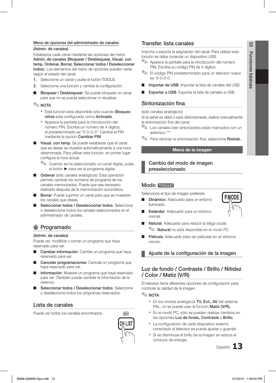 S.mode p.mode s.mode p.mode, Programado, Lista de canales | Transfer. lista canales, Sintonización fina, Modo | Samsung LE46C630K1W User Manual | Page 111 / 296